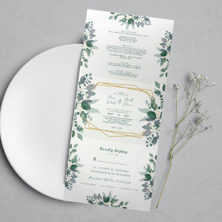 Elegant Geometric Frame green | photo Wedding Tri-Fold Invitation