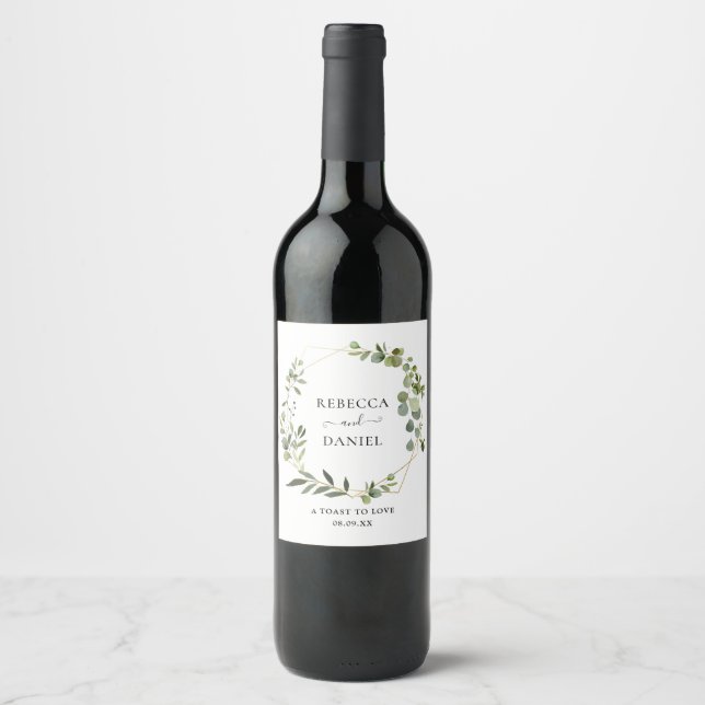 Elegant Geometric Frame Greenery  Personalized Wine Label (Front)
