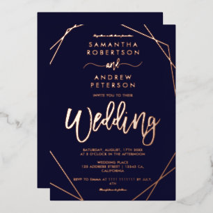 Elegant geometric frame navy blue script wedding
