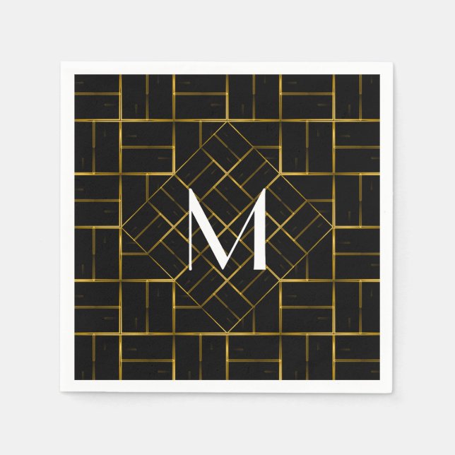 Elegant Geometric Gold Art Deco Pattern  Monogram Napkin (Front)