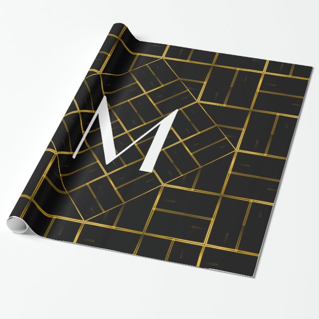 Elegant Geometric Gold Art Deco Pattern  Monogram Wrapping Paper (Unrolled)