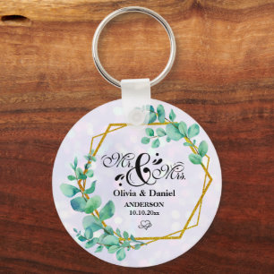 Elegant Geometric Gold Frame with Eucalyptus Leave Keychain