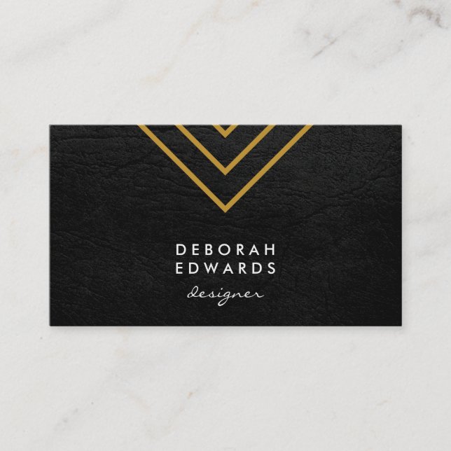 Elegant Geometric Gold Lines Faux Leather Business Card (Front)