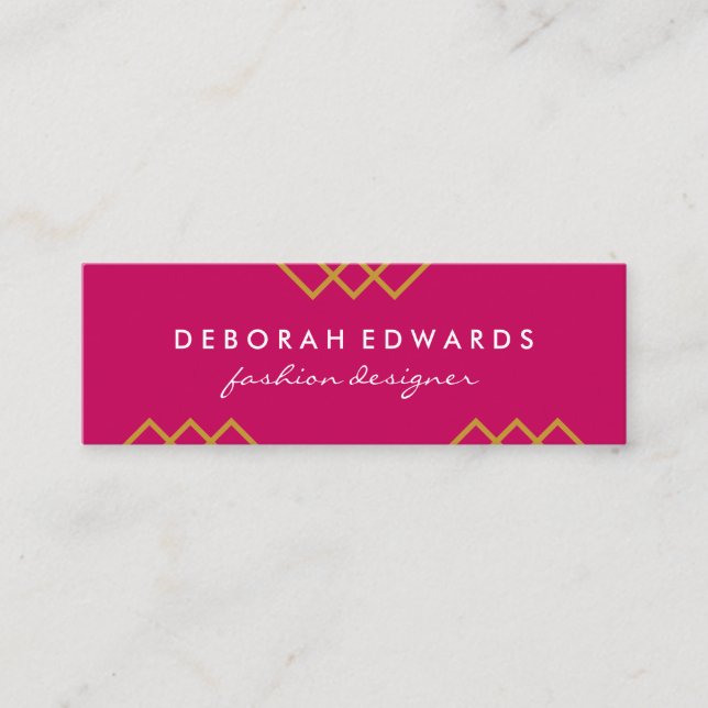 Elegant Geometric Gold Lines Hot Pink Black Mini Business Card (Front)