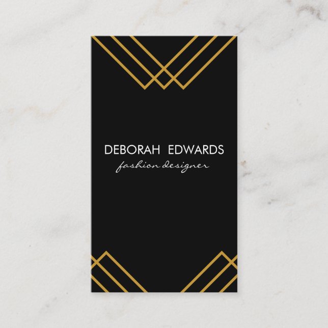 Elegant Geometric Gold Lines Simple Black Business Card (Front)