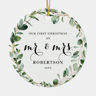 Elegant Geometric Greenery First Christmas Ceramic Ornament