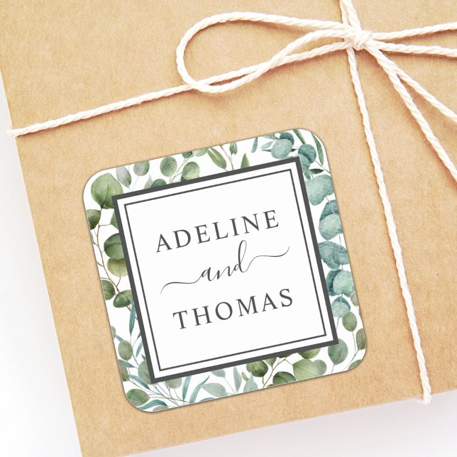 Elegant Geometric Greenery Monogram Wedding Square Sticker (Creator Uploaded)
