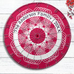 Elegant Geometric Line Art Red White Personalized Dartboard<br><div class="desc">Elevate your games room with this intriguing dartboard. The board features an intricate geometric pattern in white on red, with curved lines creating a detailed line art design. The effect is like a crochet lace mat or a beautifully symmetrical abstract flower. Personalize with with your name(s) and the year for...</div>