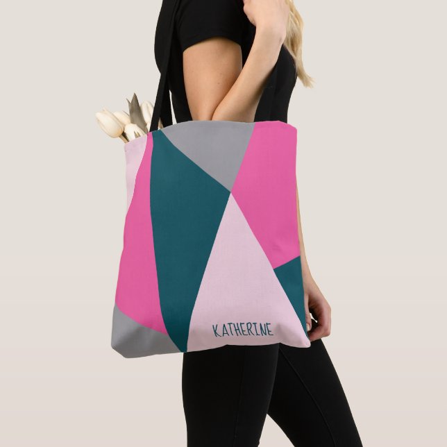 Elegant geometric pastel hot pink emerald green tote bag (Close Up)