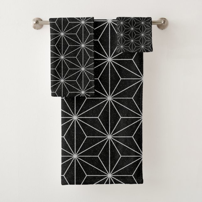 Elegant Geometric Pattern -Silver & Black- Bath Towel Set (Insitu)