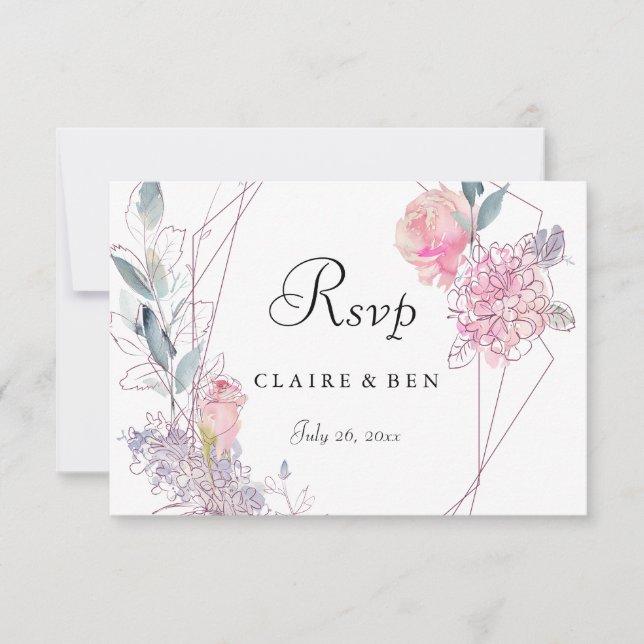 Elegant Geometric Pink Rose Floral Wedding RSVP Card (Front)