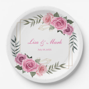 Elegant Geometric Pink Rose Wedding Paper Plates