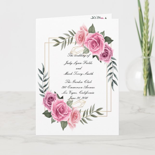 Elegant Geometric Pink Rose Wedding Program Card (Front)