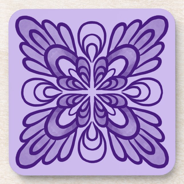 Elegant Geometric Purple Floral Pattern Coaster (Front)