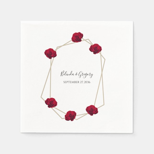 Elegant Geometric Red Rose Wedding Napkin (Front)