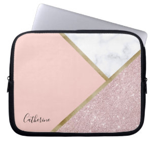 Elegant geometric rose gold glitter white marble laptop sleeve