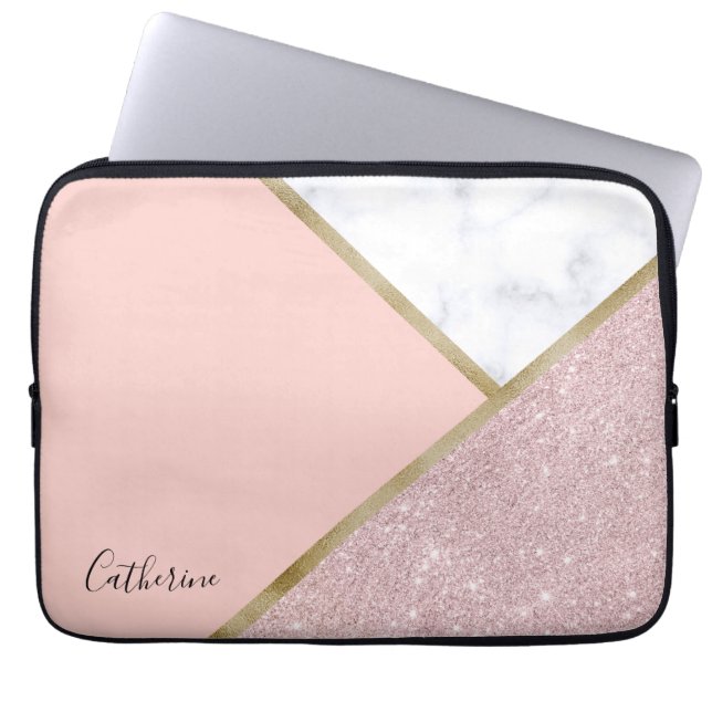 Elegant geometric rose gold glitter white marble laptop sleeve (Front)