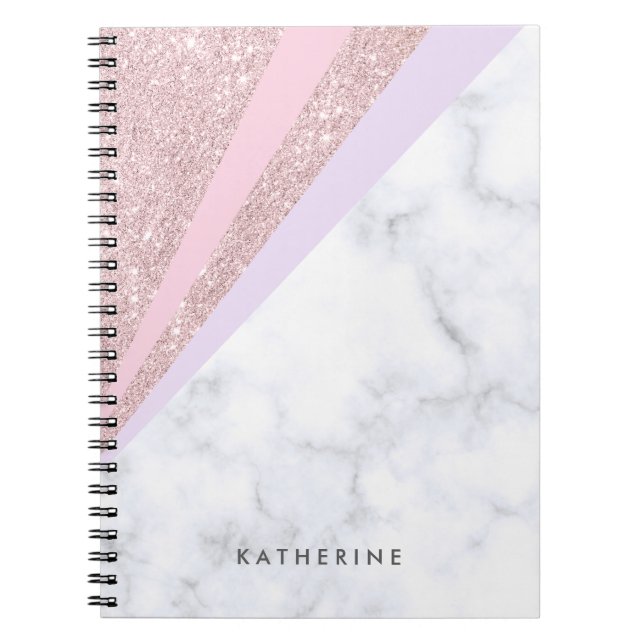 Elegant geometric rose gold glitter white marble notebook (Front)