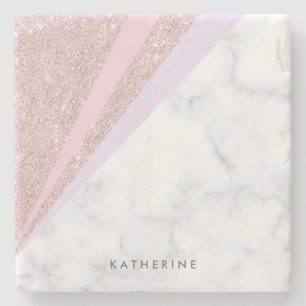 Elegant geometric rose gold glitter white marble stone coaster