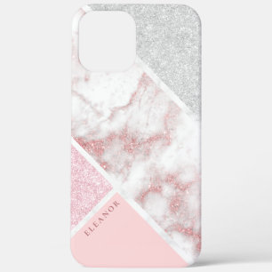 Elegant geometric silver rose gold glitter marble iPhone 12 pro max case
