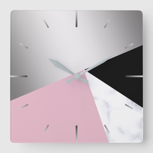 Elegant geometric silver white marble pink black square wall clock (Front)