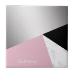 Elegant geometric silver white marble pink black tile<br><div class="desc">Stylish and elegant geometric faux silver,  white marble,  pink and black colour block.</div>