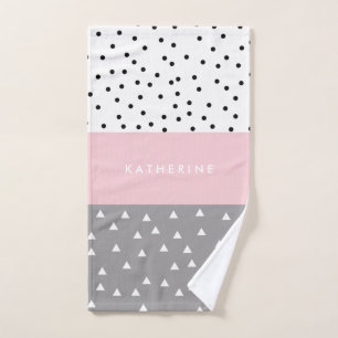 Elegant geometric triangles & dots in grey & pink bath towel set