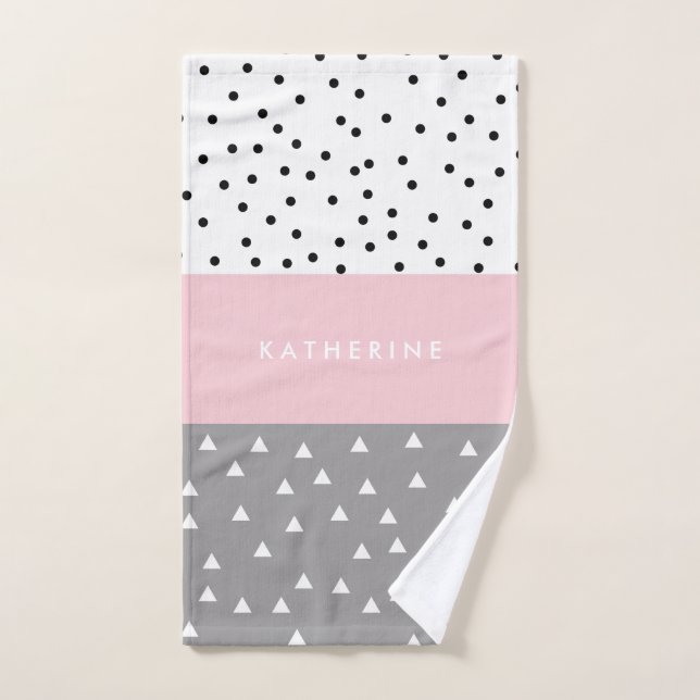 Elegant geometric triangles & dots in grey & pink bath towel set (Hand Towel)