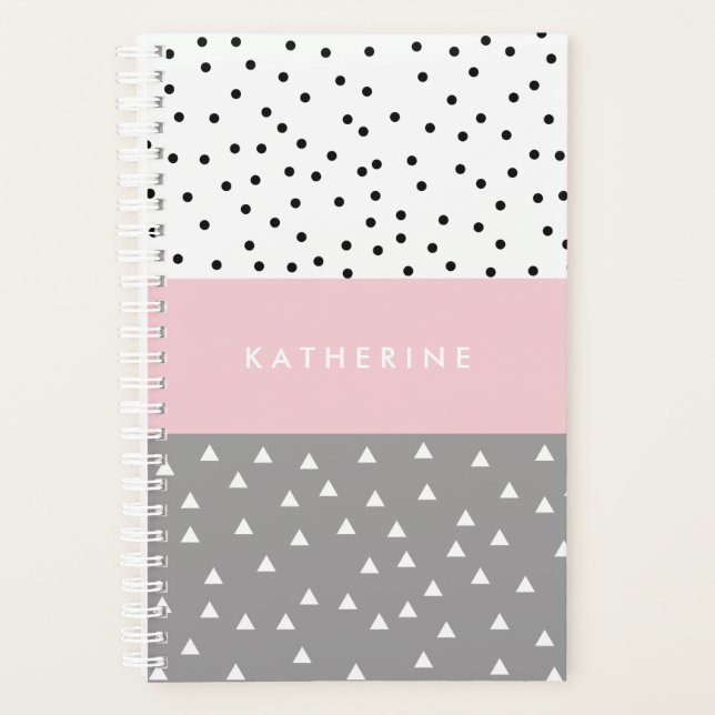 Elegant geometric triangles & dots in grey & pink planner (Front)