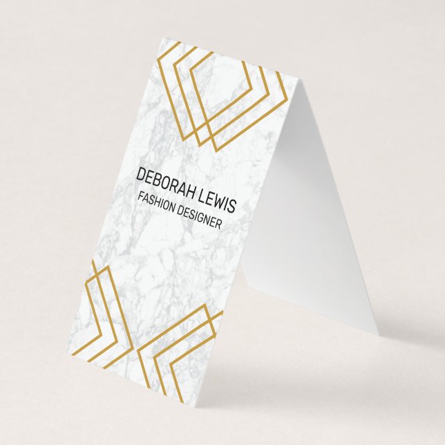 Elegant Geometric Yellow with Gold Lines | Marble Business Card (Front)