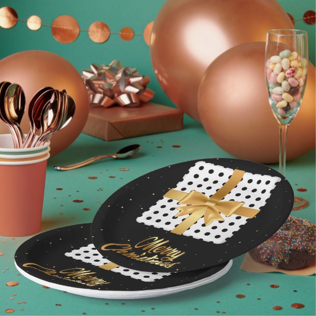 Elegant Gift with Golden Ribbon and Polka Dots  Paper Plate (Multi)