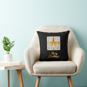 Elegant Gift with Golden Ribbon and Polka Dots  Throw Pillow