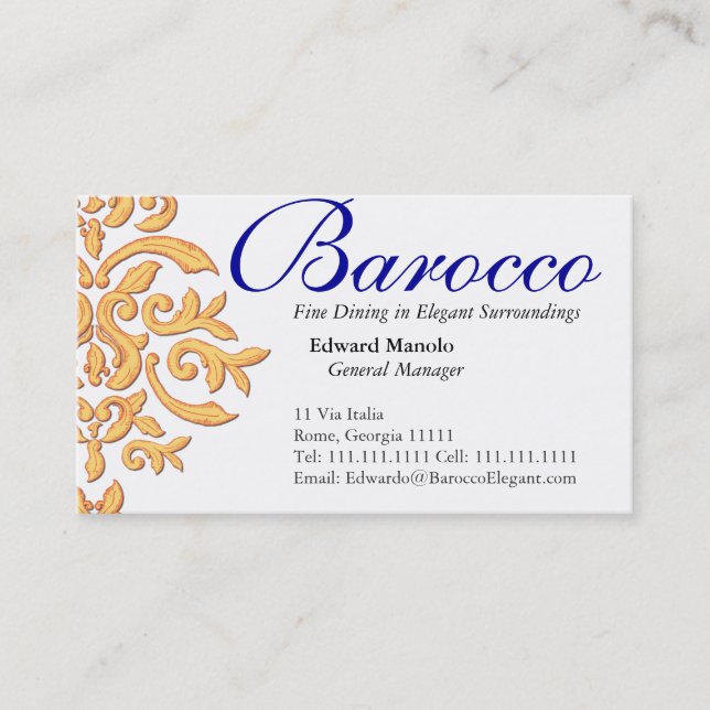 Elegant Gilded Damask Restaurant Business Card (Front)