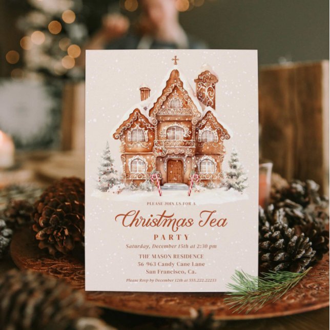 Elegant Gingerbread House Christmas Tea Party Invitation (Christmas Tea Party Invitation)