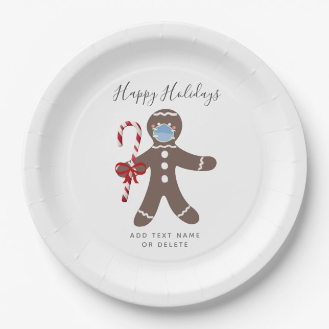 Elegant Gingerbread Man Wearing Face Mask Paper Plate (Front)