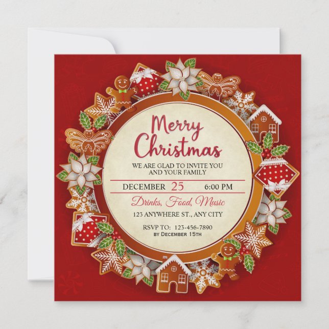 Elegant Gingerbread & Poinsettia Christmas Invitation (Front)