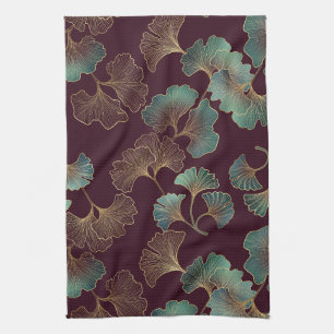 Elegant Ginkgo Leaf in Burgundy and Teal Kitchen Towel