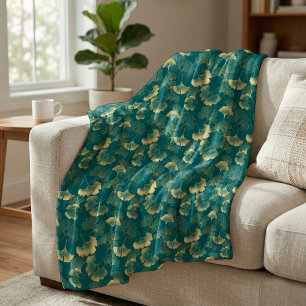 Elegant Ginkgo Leaf Pattern Teal Gold Fleece Blanket