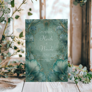 Elegant Ginkgo Leaf Teal & Gold Wedding  Invitation