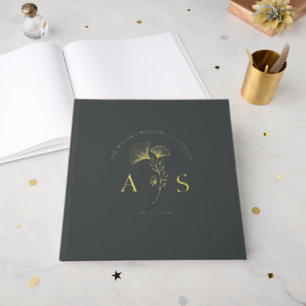 Elegant Ginkgo Leaves Charcoal Grey Wedding Foil Guest Book