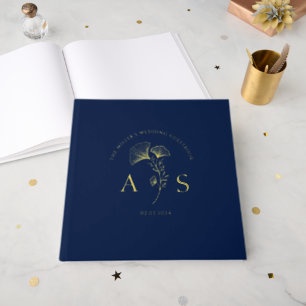 Elegant Ginkgo Leaves Navy Blue Wedding Foil Guest Book