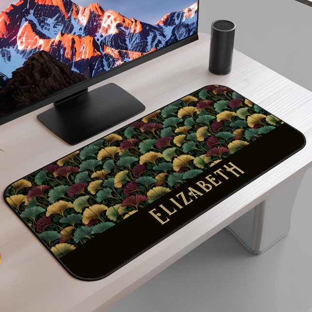 Elegant Ginkgo Pattern Monogram Name Jewel Tones Desk Mat (Creator Uploaded)