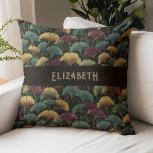Elegant Ginkgo Pattern Monogram Name Jewel Tones Throw Pillow