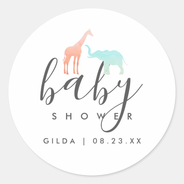 Elegant Giraffe Elephant Baby Shower Classic Round Sticker (Front)