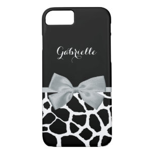 Elegant Giraffe Print With Name and Cute Grey Bow iPhone 8/7 Case