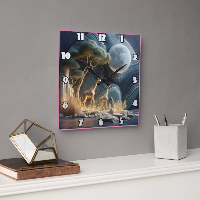 Elegant giraffes under the moonlit African sky Square Wall Clock (Office)