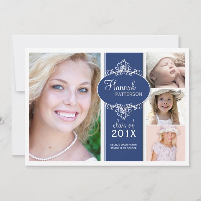 Elegant Girl 4 Photo Blue & White Graduation Invitation (Front)