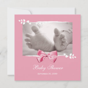 Elegant Girl Baby Shower Baby Feet With Pink Bow Invitation
