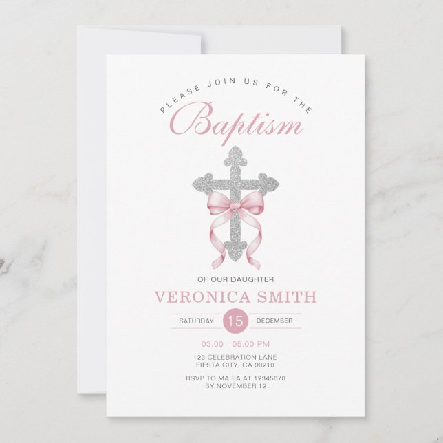 Elegant Girl Baptism Pink Bow Silver Cross Glitter Invitation (Front)