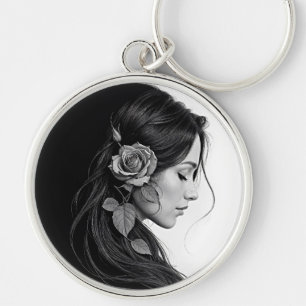 Elegant girl with flower in hair modern fine art keychain